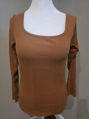 Women's Caramel Brown Ribbed Long Sleeves Built-in Bra Top, M/L